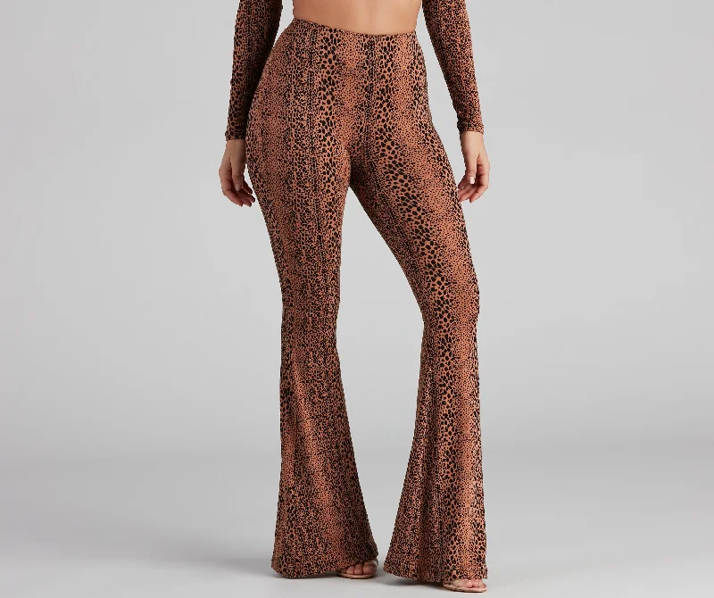 Leopard Spots High Rise Flare Pants Comfortable Pleated Pants
