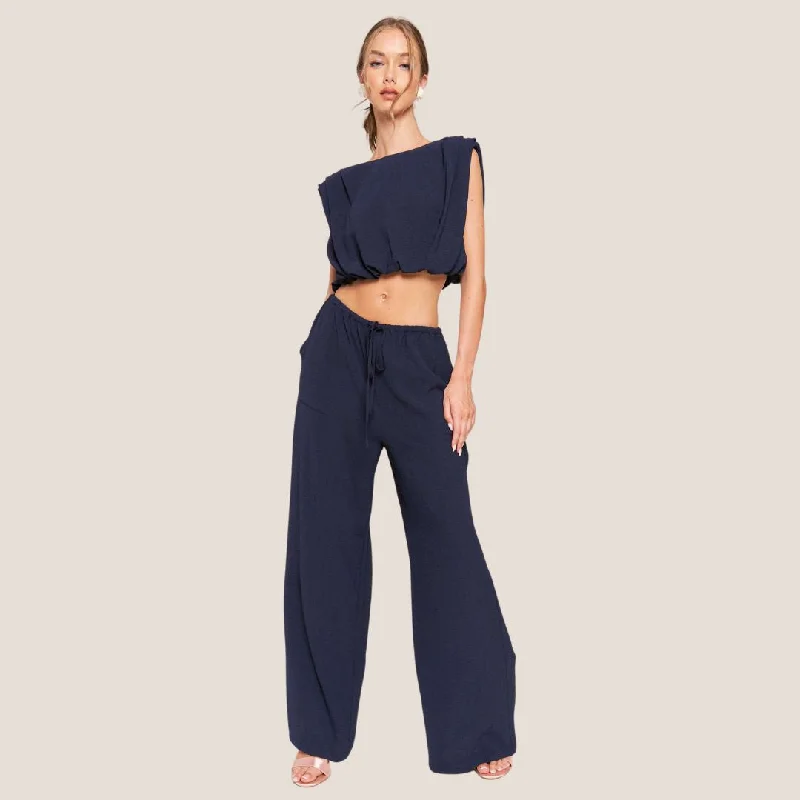 Pants (Navy) Fashionable Button-Up Pants