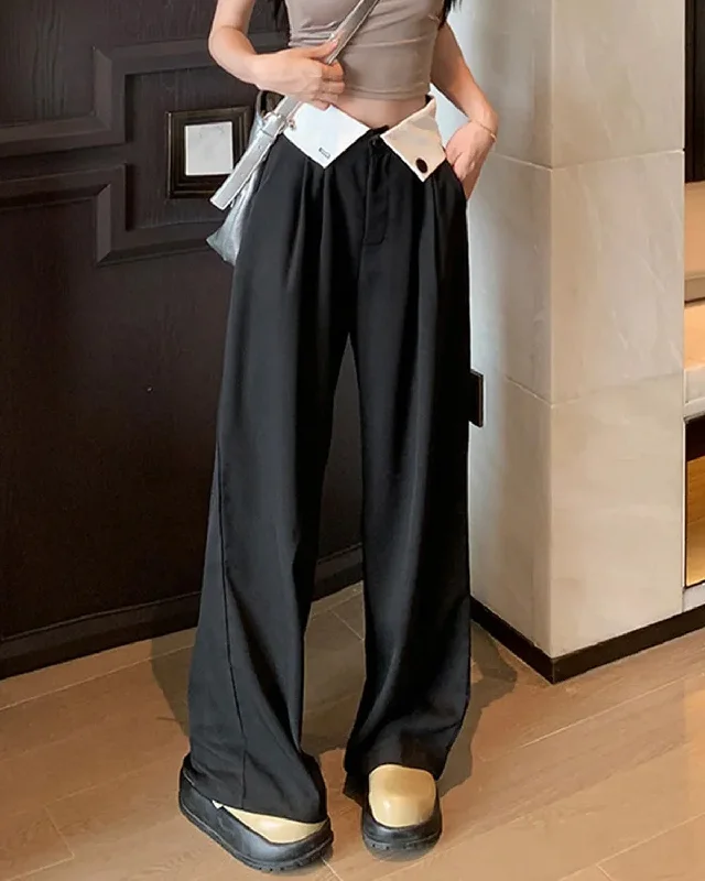 PLEATED BLACK PANTS WITH PANELLED WAIST Elegant High-Waist Pants