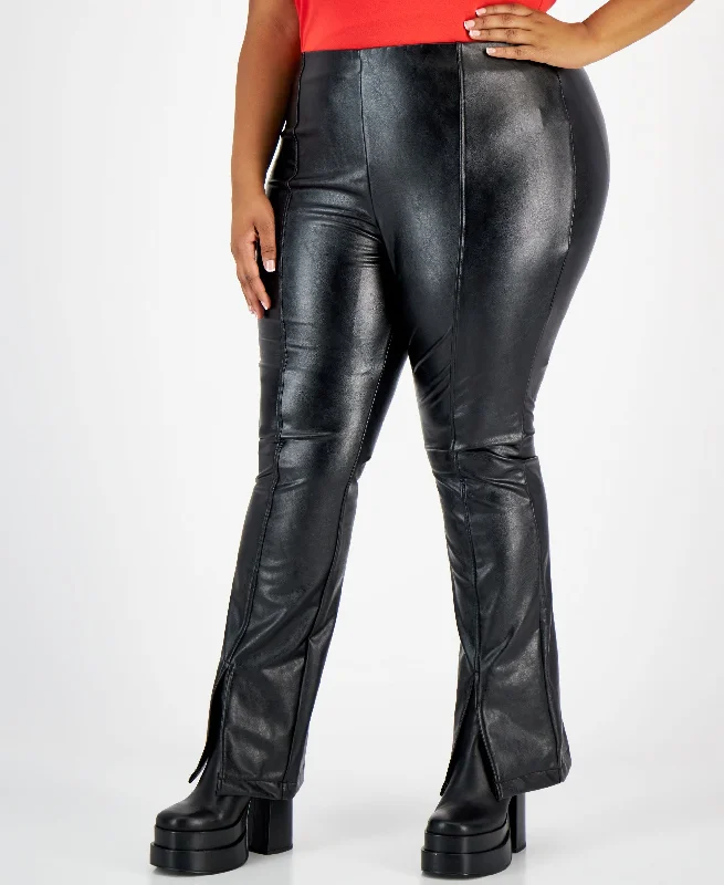 Plus Size Faux-Leather Slit-Cuff Flare-Leg Pants Soft Stretch Trousers