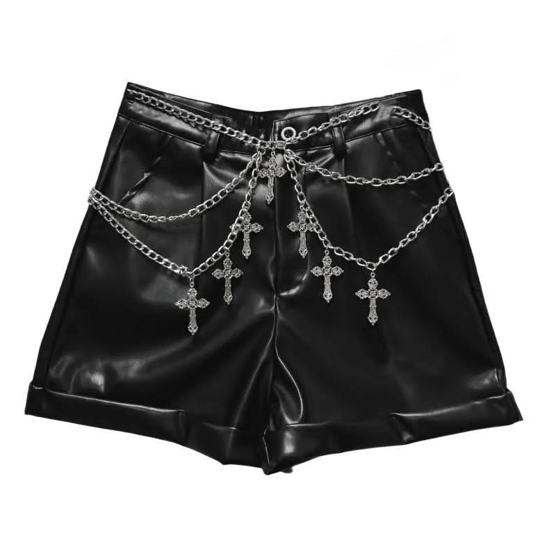 PU leather metal chain short pant Classic Straight Pants
