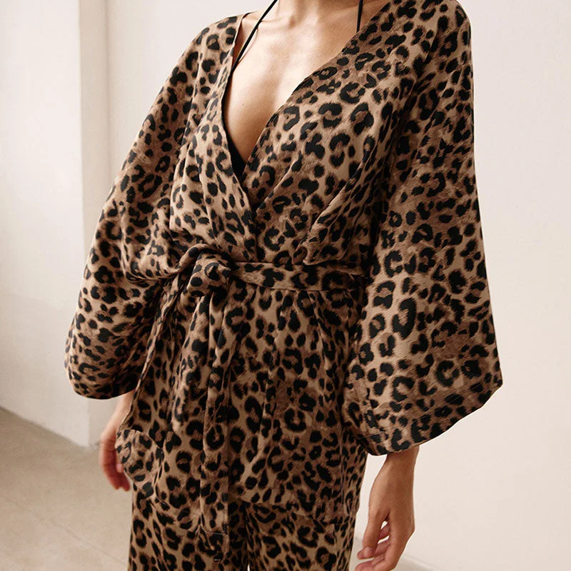 Sexy Leopard Printed Wrap Robe High Waist Wide Leg Pants Lounge Set Elegant Silk Pants