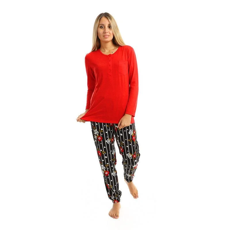 Side Pocket Printed Pants Long Sleeves Pajama Classic Flared Pants