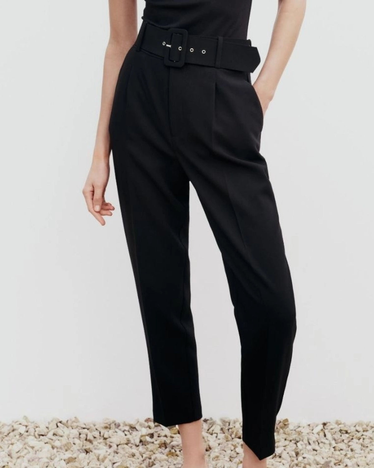 BELTED TAPERED PANTS WITH BELT BLACK Stylish Slim Trousers