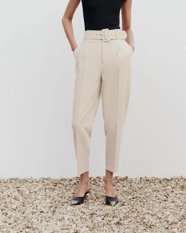 TAPERED STRETCH PANTS WITH BELT BEIGE Formal Linen Trousers