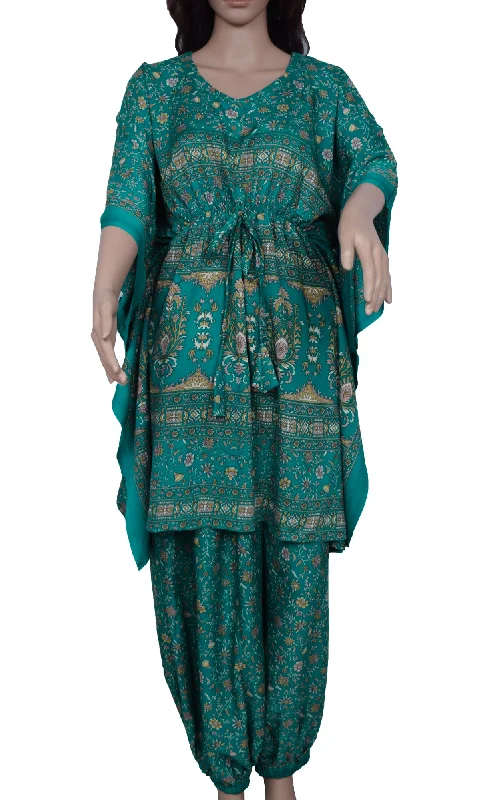 Sushila Vintage Blend Silk Sari upcycled Aladdin Pants Kafthan Top Teal Blue Stretch Fit Pants