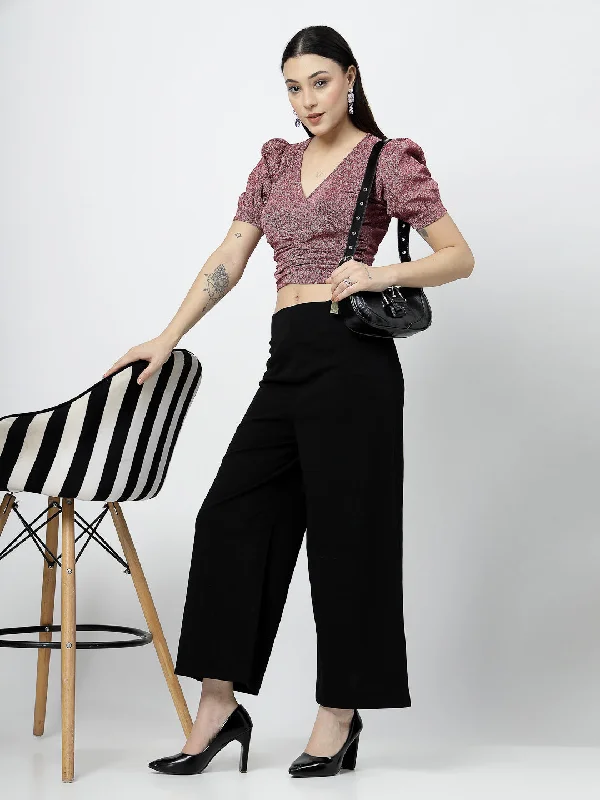 Fuchsia Front Wrap with Ruching Top and Black Pant Comfortable Jogger Trousers