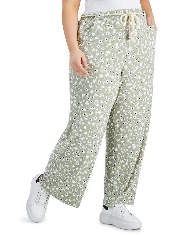 Trendy Plus Size Printed Wide-Leg Soft Pants With Rope Belt Fashionable Tapered Leg Pants