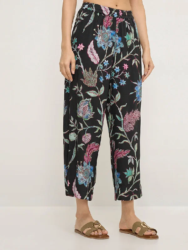Utsa Black Botanical Design High-Rise Ethnic Pants Comfy Athletic Pants