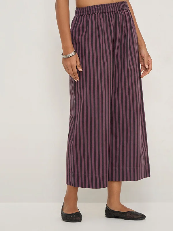 Utsa Purple Striped High-Rise Cotton Blend Ethnic Pants Trendy Printed Leggings
