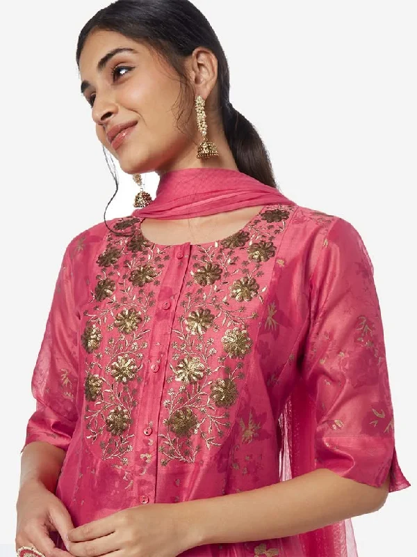 Vark Dark Pink Kurta, Ethnic Pants And Dupatta Fashionable Work Pants