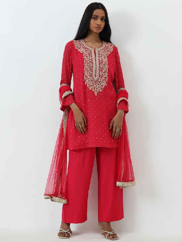 Vark Pink Embroidered A-Line Kurti, Pants and Dupatta Set Comfy High-Waist Jeans
