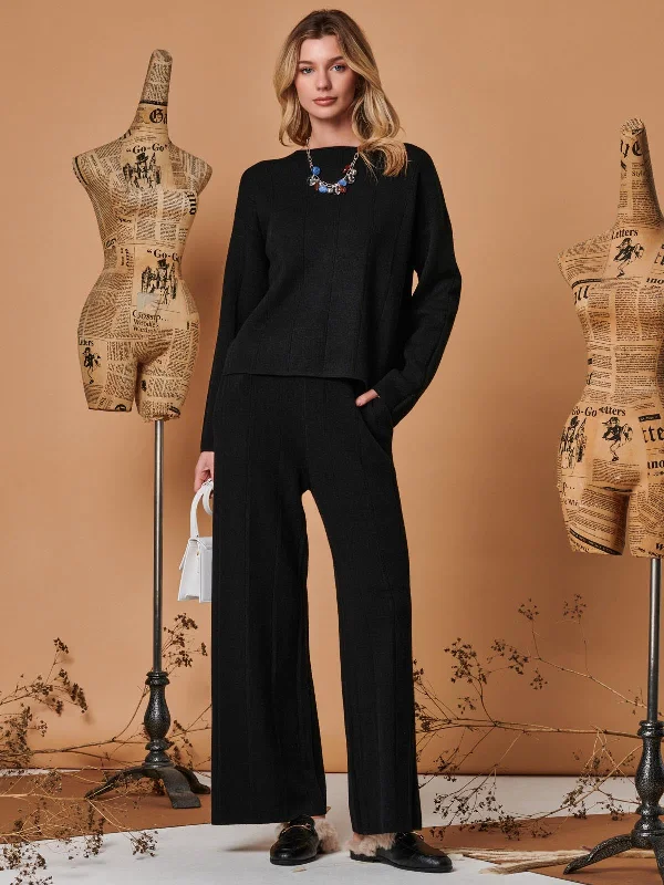 Vertical Line Knit Flared Pants, Black High-Waist Jeans
