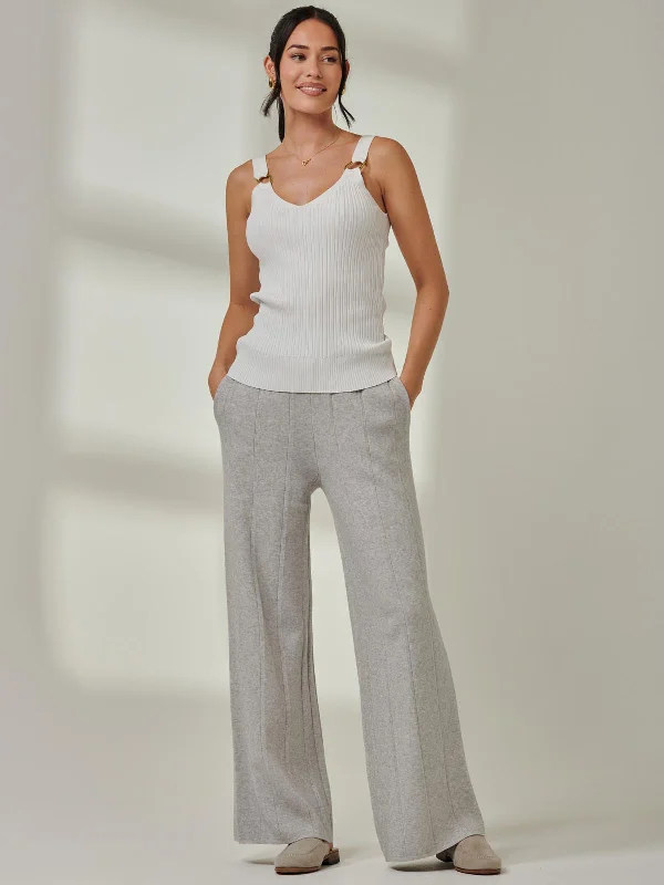 Vertical Line Knit Flared Pants, Dove Heather Soft Wool Pants