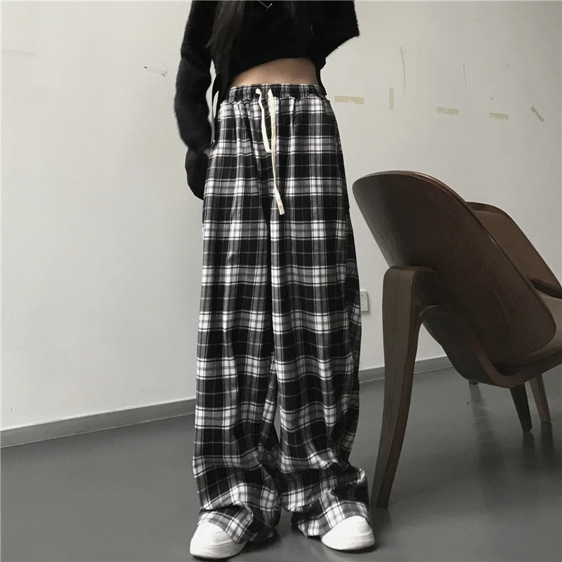 Women's Plaid High Waist Skinny Fashion Designer Baggy Pants Casual Drawstring Pants