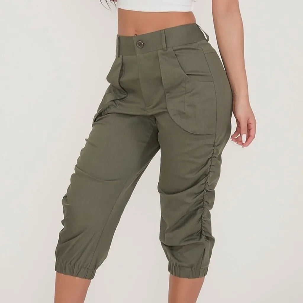 Women's Relaxed Fit Ruched 3/4 Fashion Designer Cargo High Waist Pants Elegant Silk Pants