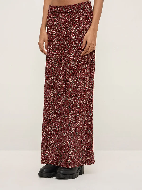 Zuba Maroon Floral Printed High-Rise Ethnic Pants Stylish Paperbag Waist Pants