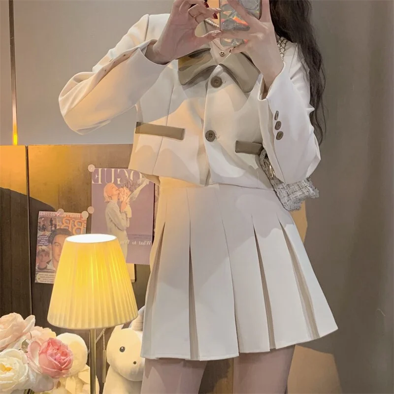 Spring Korean Two Piece Set Women Long Sleeve Short Jacket Crop Coat + Pleated Mini Skirt Suits Vintage 2 Piece Outfits denim skirt classic Spring Korean Two Piece Set Women Long Sleeve Short Jacket Crop Coat + Pleated Mini Skirt Suits Vintage 2 Piece Outfits denim skirt classic