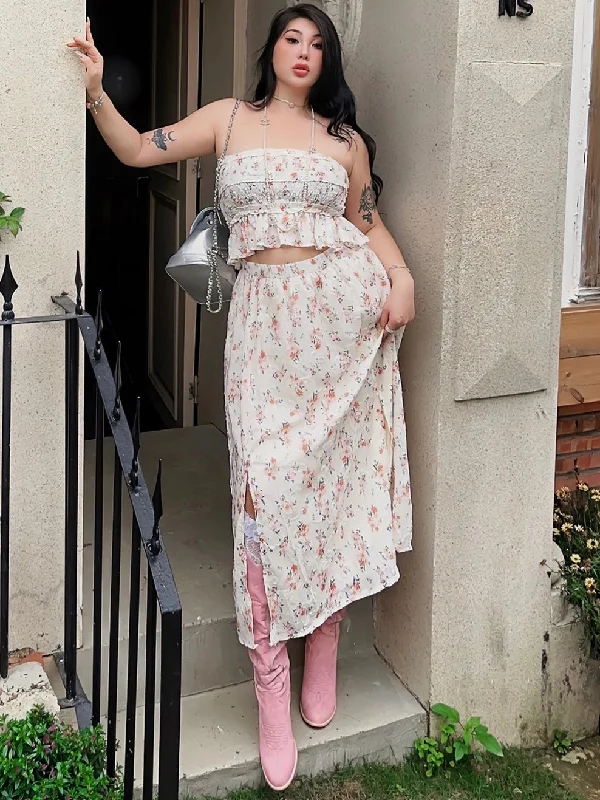 Annabelle Plus Size Floral Sleeveless Bandeau Tude Ruffle Top + Plus Size High Waist Side Slit Midi Skirt Matching Set lightweight skirt design Annabelle Plus Size Floral Sleeveless Bandeau Tude Ruffle Top + Plus Size High Waist Side Slit Midi Skirt Matching Set lightweight skirt design