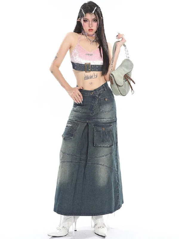 Carly Pink Velour Velvet Choker Halter Neck Denim Belt Strap Cropped Top + High V-Waist Multi-Pocket Denim Pleated Long Skirt Matching Set cashmere skirt plush Carly Pink Velour Velvet Choker Halter Neck Denim Belt Strap Cropped Top + High V-Waist Multi-Pocket Denim Pleated Long Skirt Matching Set cashmere skirt plush