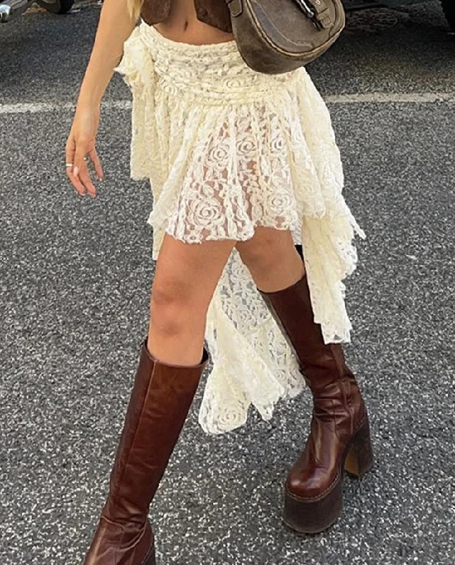 Casual Solid Lace Asymmetrical Skirt Basic Slim Mid-Waisted Mini Skirts Women Summer Fashion Streetwear Ladies asymmetrical skirt cut Casual Solid Lace Asymmetrical Skirt Basic Slim Mid-Waisted Mini Skirts Women Summer Fashion Streetwear Ladies asymmetrical skirt cut
