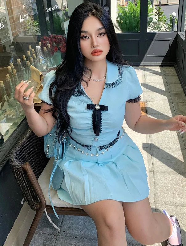 Chica Plus Size Solid Color Baby Blue Short Sleeve Bow Brooch Button Up Patchwork Lace Top + Plus Size Pleated Mini Skirt Matching Set leather skirt durable Chica Plus Size Solid Color Baby Blue Short Sleeve Bow Brooch Button Up Patchwork Lace Top + Plus Size Pleated Mini Skirt Matching Set leather skirt durable