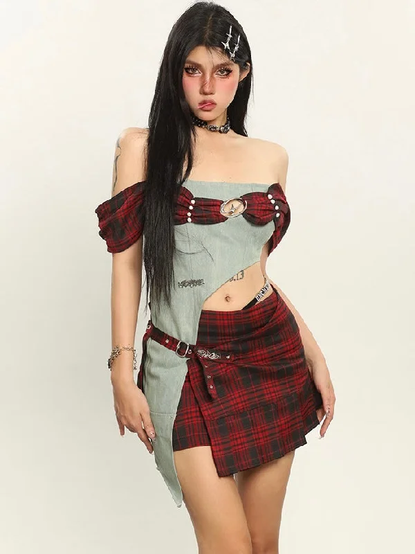 Dauna Red Check Paneled Denim College Off-the-Shoulder Top + Belt Strap Mini Skirt Matching Set silk skirt sleek Dauna Red Check Paneled Denim College Off-the-Shoulder Top + Belt Strap Mini Skirt Matching Set silk skirt sleek