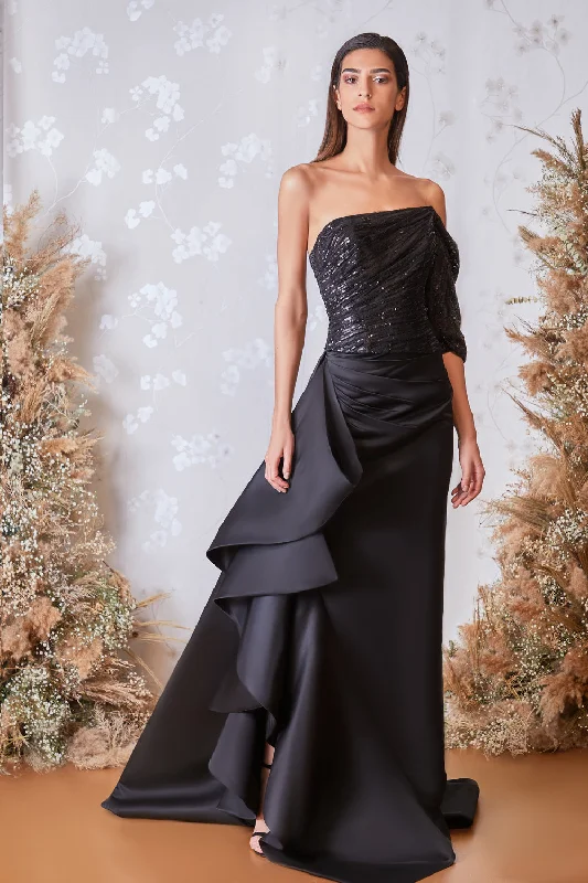 Draped sequined top with cascading ruffled skirt silk skirt smooth