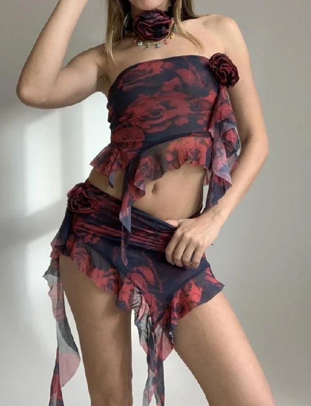 Flower Decor Retro One-shoulder Tube Top With Ruffle Mini Skirt Co ord Set tiered skirt playful Flower Decor Retro One-shoulder Tube Top With Ruffle Mini Skirt Co ord Set tiered skirt playful