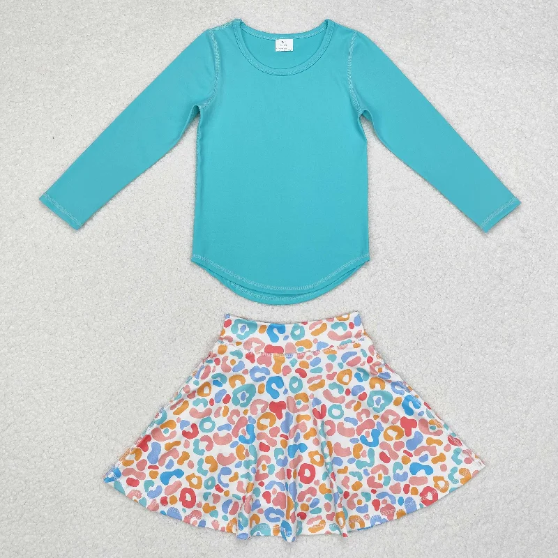 GT0644+GLK0026 Baby Girls Green Top Colorful Leopard Skirts Clothes Set button skirt front GT0644+GLK0026 Baby Girls Green Top Colorful Leopard Skirts Clothes Set button skirt front