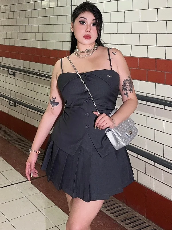 Henna Plus Size Solid Color Dark Grey Bandeau Camisole Top + Preppy Pleated Skirt Matching Set chiffon skirt airy Henna Plus Size Solid Color Dark Grey Bandeau Camisole Top + Preppy Pleated Skirt Matching Set chiffon skirt airy