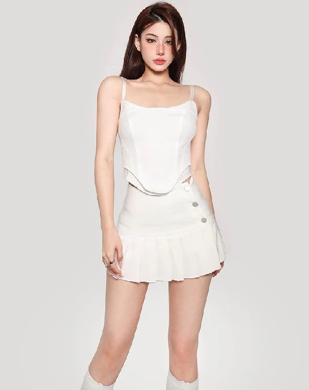Hilary Solid Color Spaghetti Strap Bustier Top + High Waist Pleated Mini Skirt Matching Set wool skirt sturdy Hilary Solid Color Spaghetti Strap Bustier Top + High Waist Pleated Mini Skirt Matching Set wool skirt sturdy