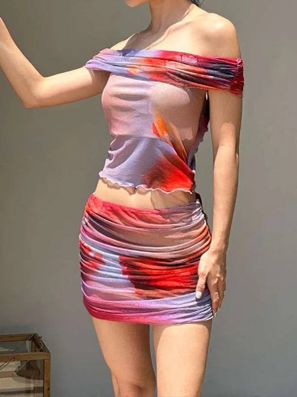 Irregular Print Off Shoulder Crop Top and Mini Skirt Two Piece Set corduroy skirt textured Irregular Print Off Shoulder Crop Top and Mini Skirt Two Piece Set corduroy skirt textured