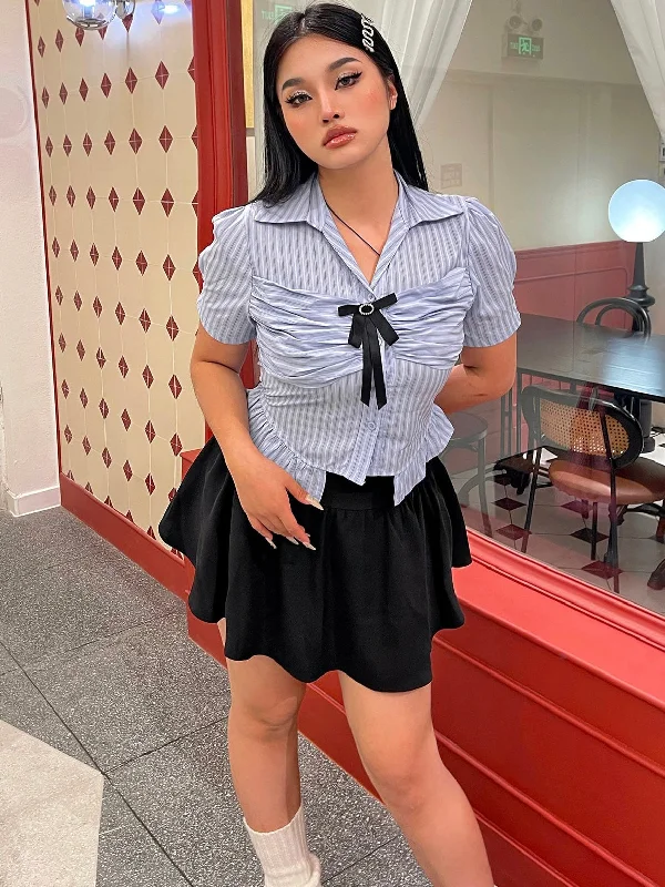Jennie Plus Size Blue Stripe Short Sleeve Bow Silver Brooch Button Up Top + Plus Size Solid Color High Waist Pleated Mini Skirt Cute Matching Set velvet skirt luxury