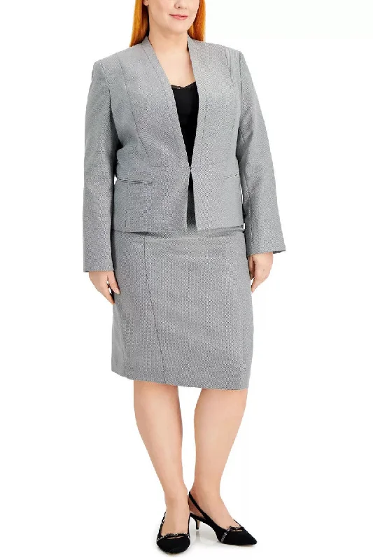 Le Suit Collarless Hook & Eye Closure at Front Shoulder Pads Side Welt Pockets Crepe Jacket with Skirt (Plus Size) boho skirt vibe Le Suit Collarless Hook & Eye Closure at Front Shoulder Pads Side Welt Pockets Crepe Jacket with Skirt (Plus Size) boho skirt vibe