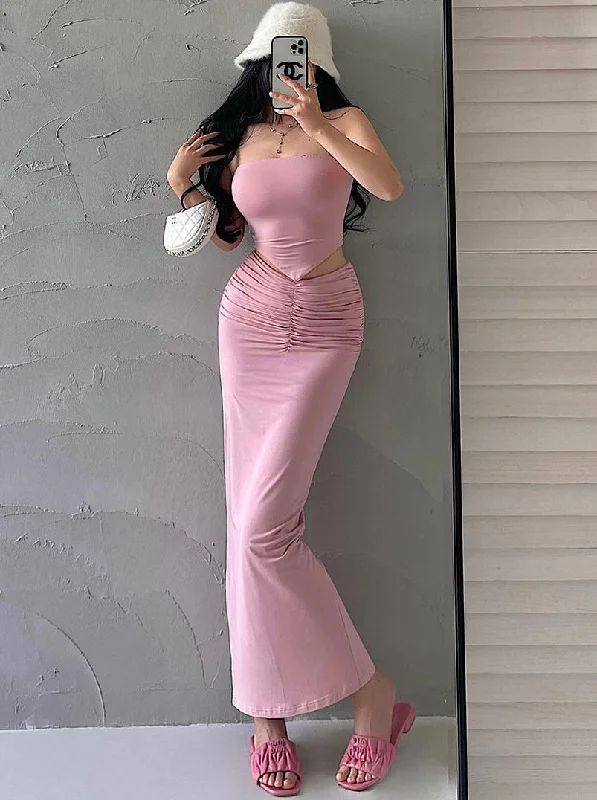 Presila Solid Color Sleeveless Slim Bandeau Tube Top + Solid Color Pleated High V-Waist Back Slit Long Slim Skirt Matching Set wool skirt breathable Presila Solid Color Sleeveless Slim Bandeau Tube Top + Solid Color Pleated High V-Waist Back Slit Long Slim Skirt Matching Set wool skirt breathable