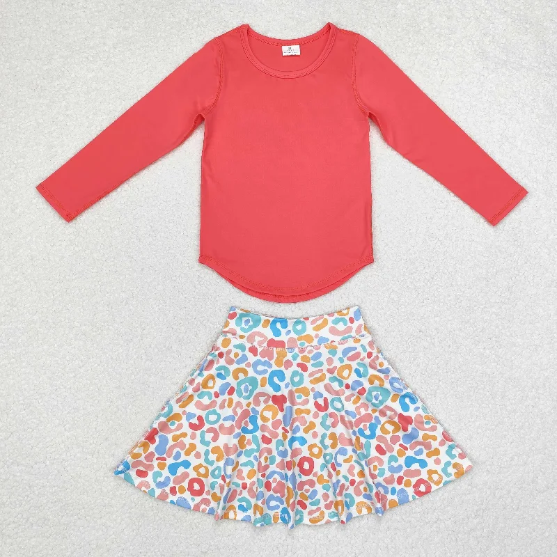 RTS NO MOQ ETA 5/7days GT0643+GLK0026 Coral red solid color long-sleeved top Colorful leopard print skirt sets silk skirt luxurious RTS NO MOQ ETA 5/7days GT0643+GLK0026 Coral red solid color long-sleeved top Colorful leopard print skirt sets silk skirt luxurious