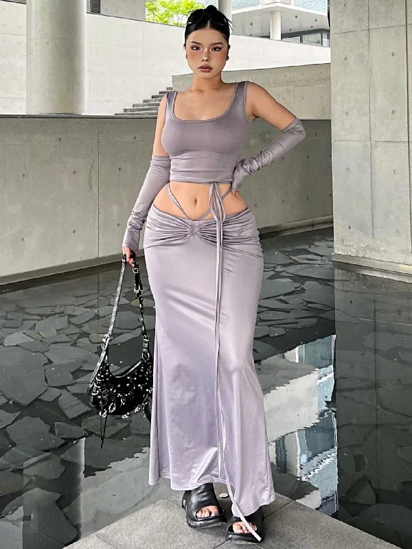 SYNEZ Solid Color Metallic Slim Cropped Top + Drawstring Tie Up Fishtail Long Skirt Matching Set ruffled skirt detail SYNEZ Solid Color Metallic Slim Cropped Top + Drawstring Tie Up Fishtail Long Skirt Matching Set ruffled skirt detail